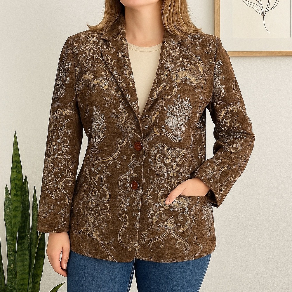 Spiegel‎ Vintage Baroque Velvet Tapestry Blazer Brown Gold Silver Size 16